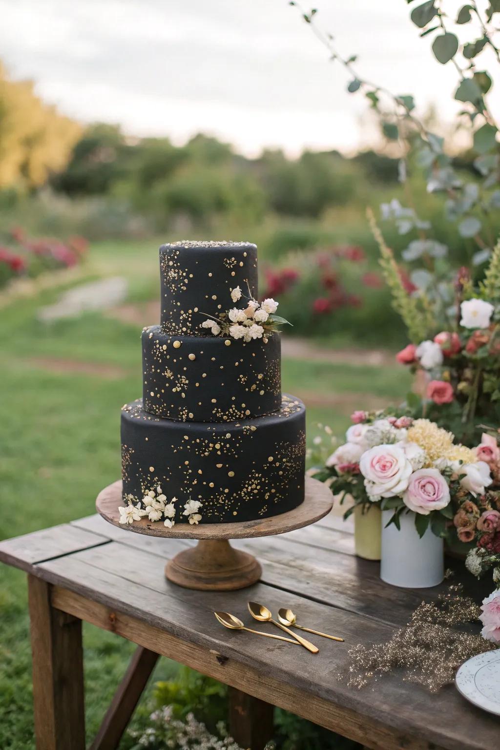 Gold sprinkles add a whimsical sparkle to this elegant black cake.