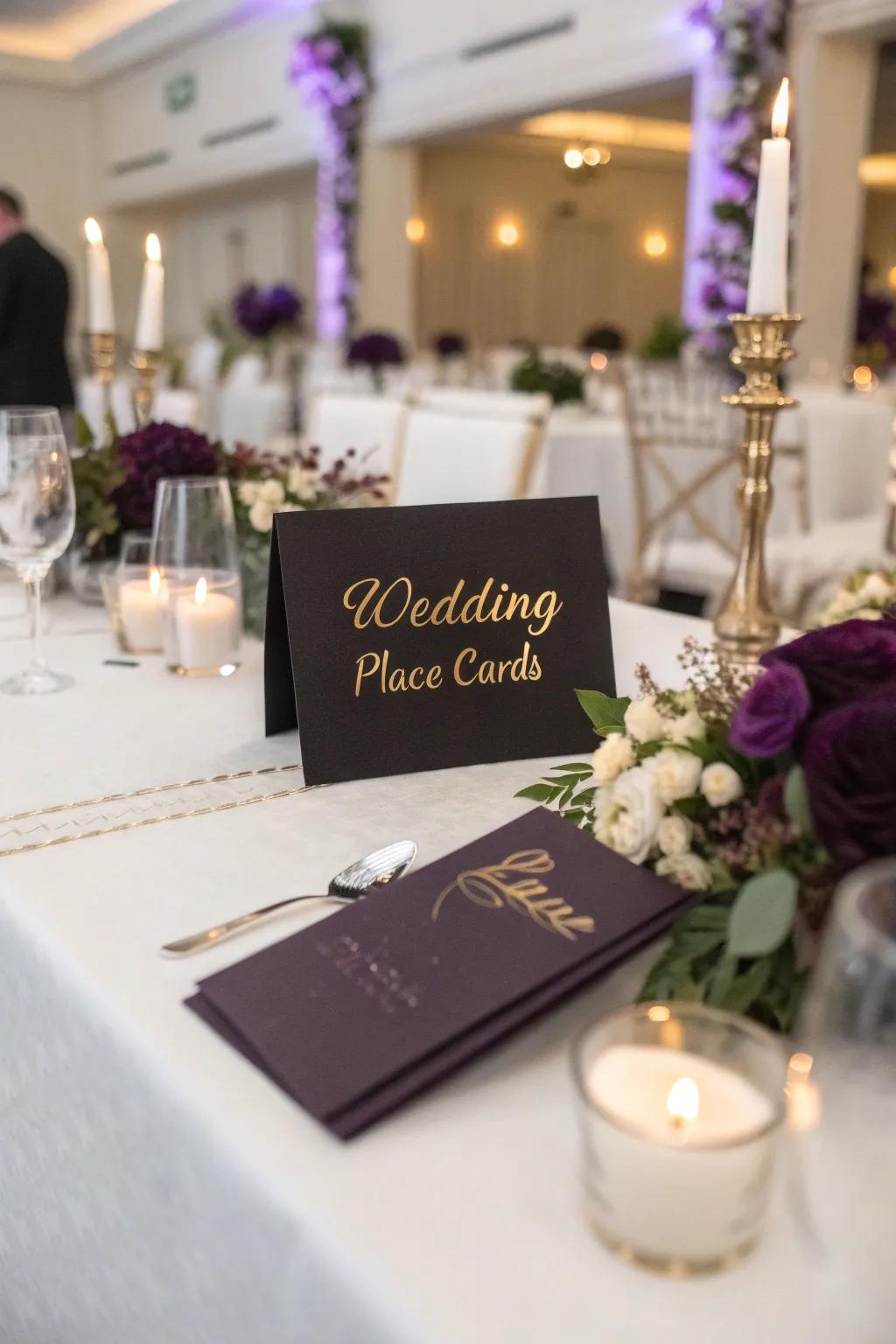 Themed name cards in midnight and lavender.