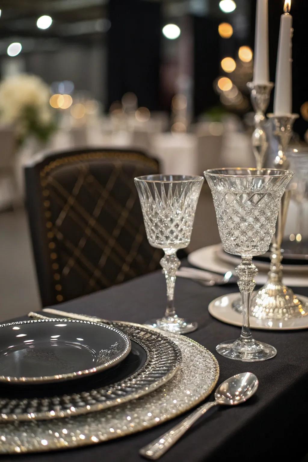 Crystal drinkware adds a luxurious sparkle to the table.