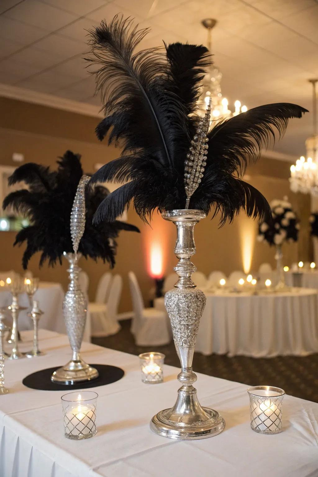Attention-grabbing centerpieces showcasing coal and shimmer.