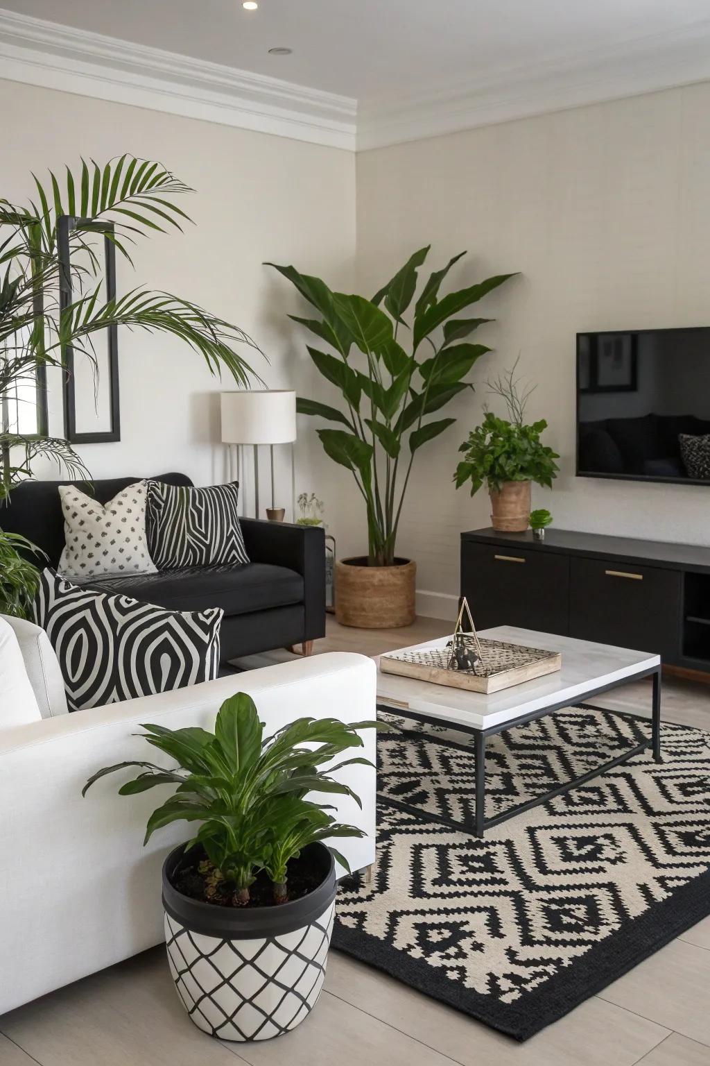Houseplants infusing a monochrome living area with life and vibrancy.