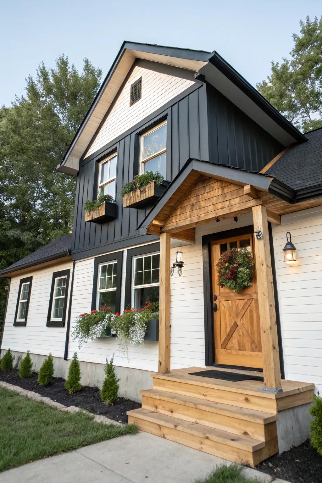 Wood highlights supplement warmth to this black and white exterior.