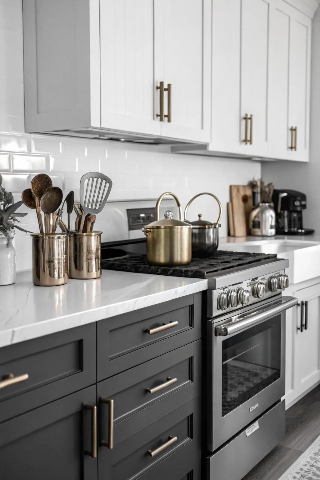Blended metals add luxury to the design of this kitchen.