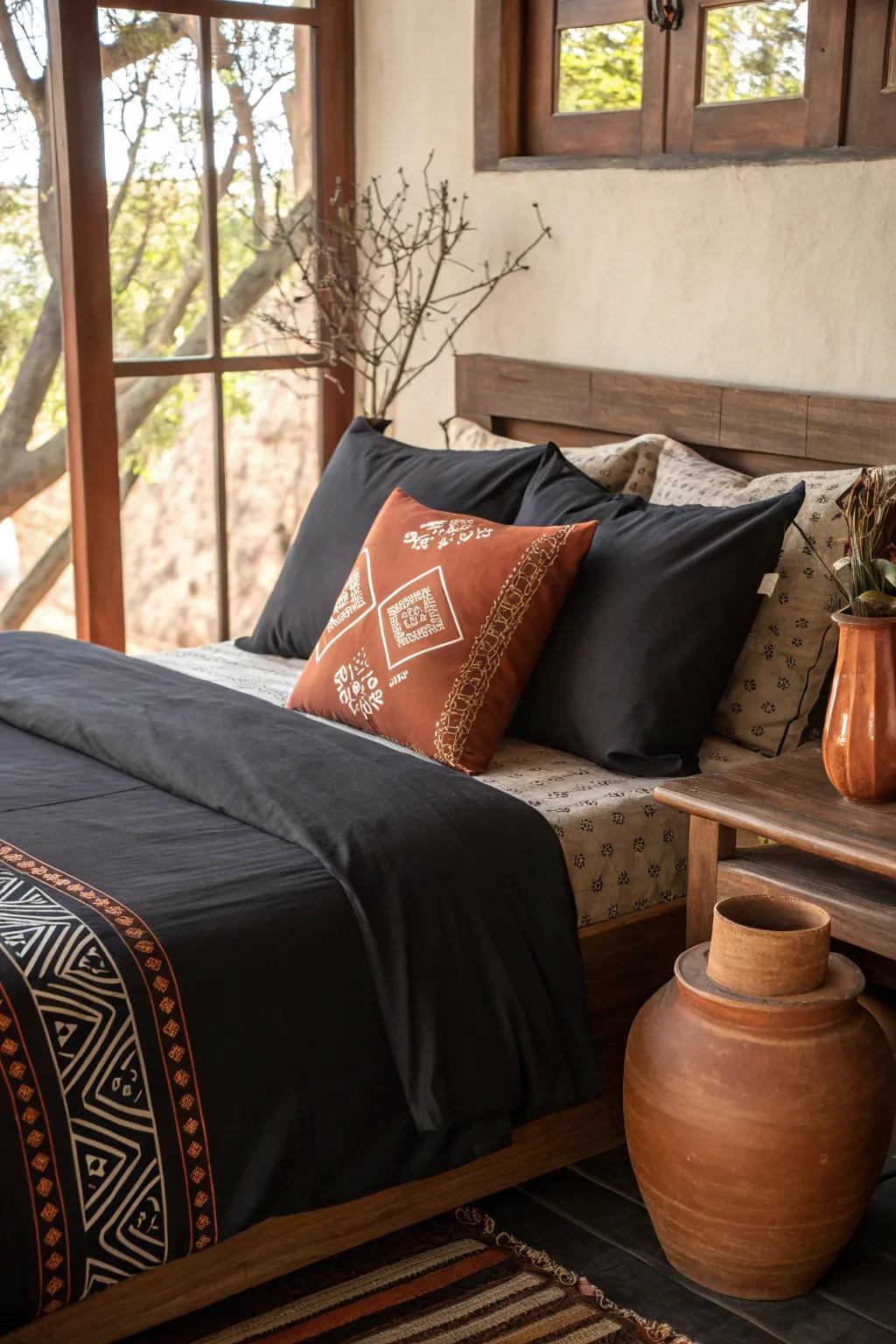 Grounding black bedding with earthy tones.