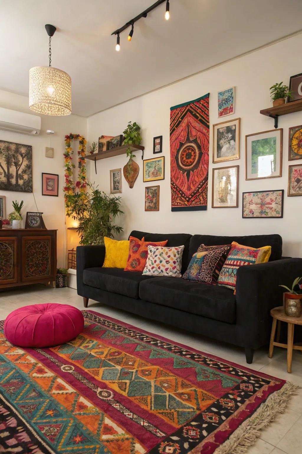 Eclectic patterns bring life to a dark-toned sofa.