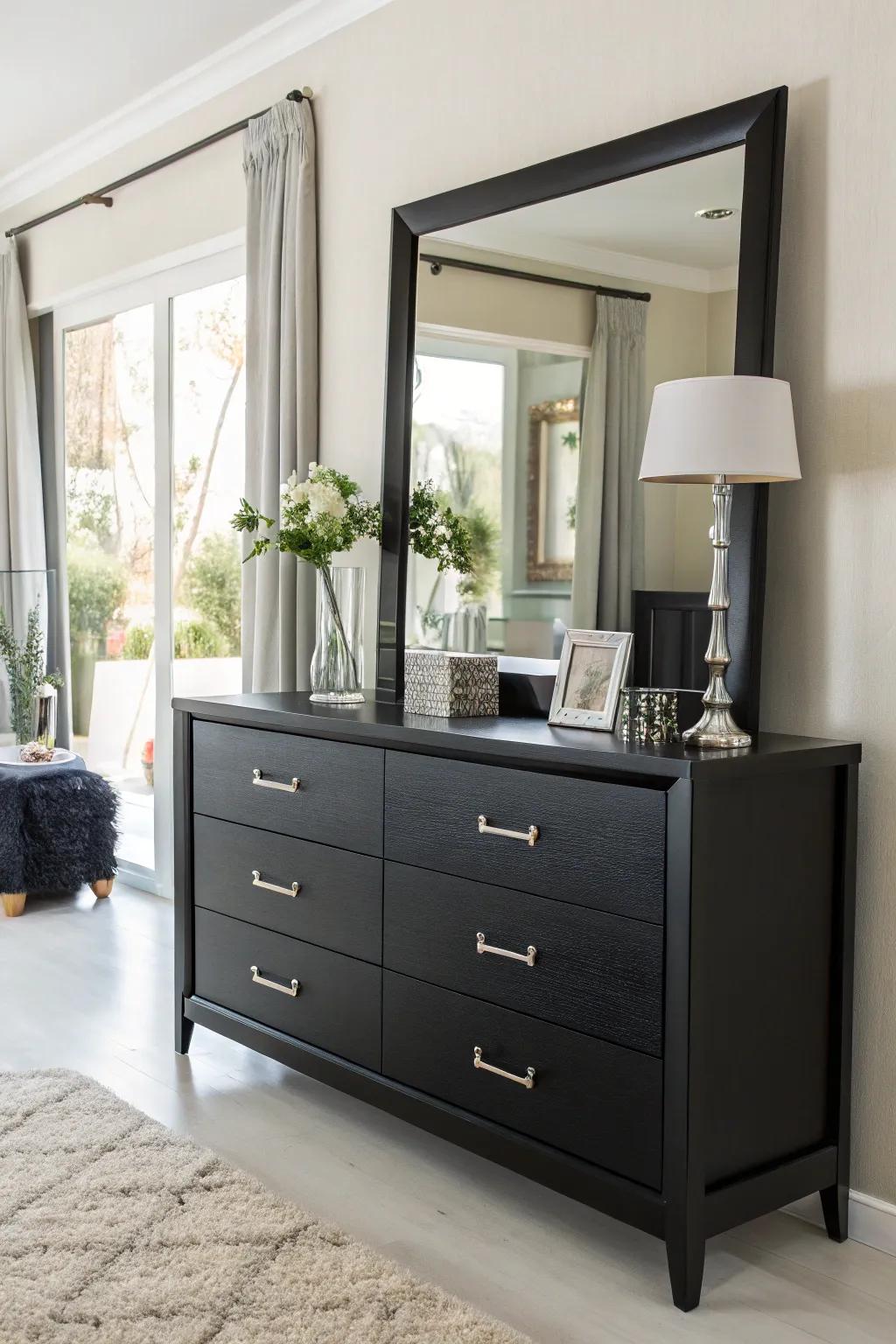 A black dresser enhanced with a stylish mirror.