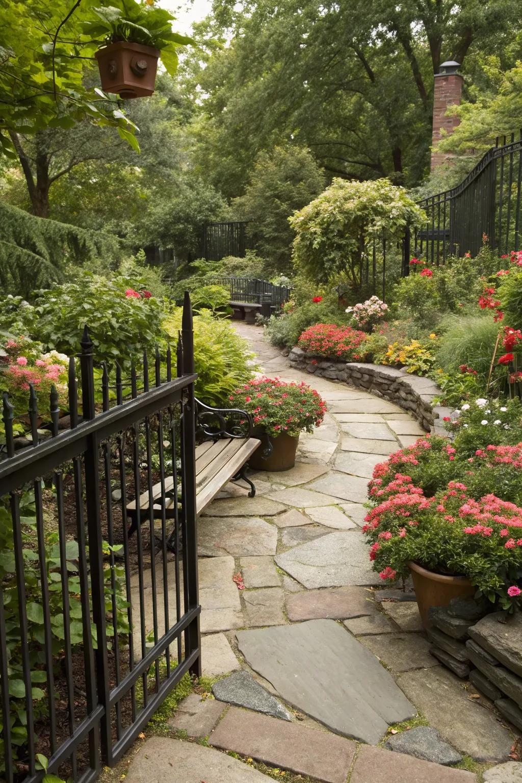 A natural garden with a charming black fence and stone pathways.