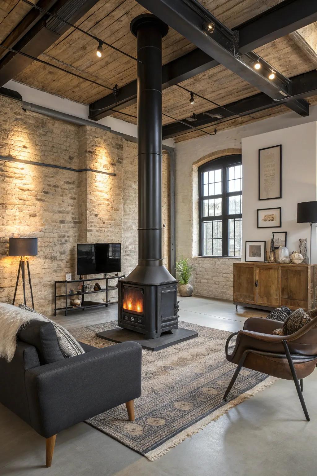 Include a modern commercial edge using a streamlined dark metal hearth.
