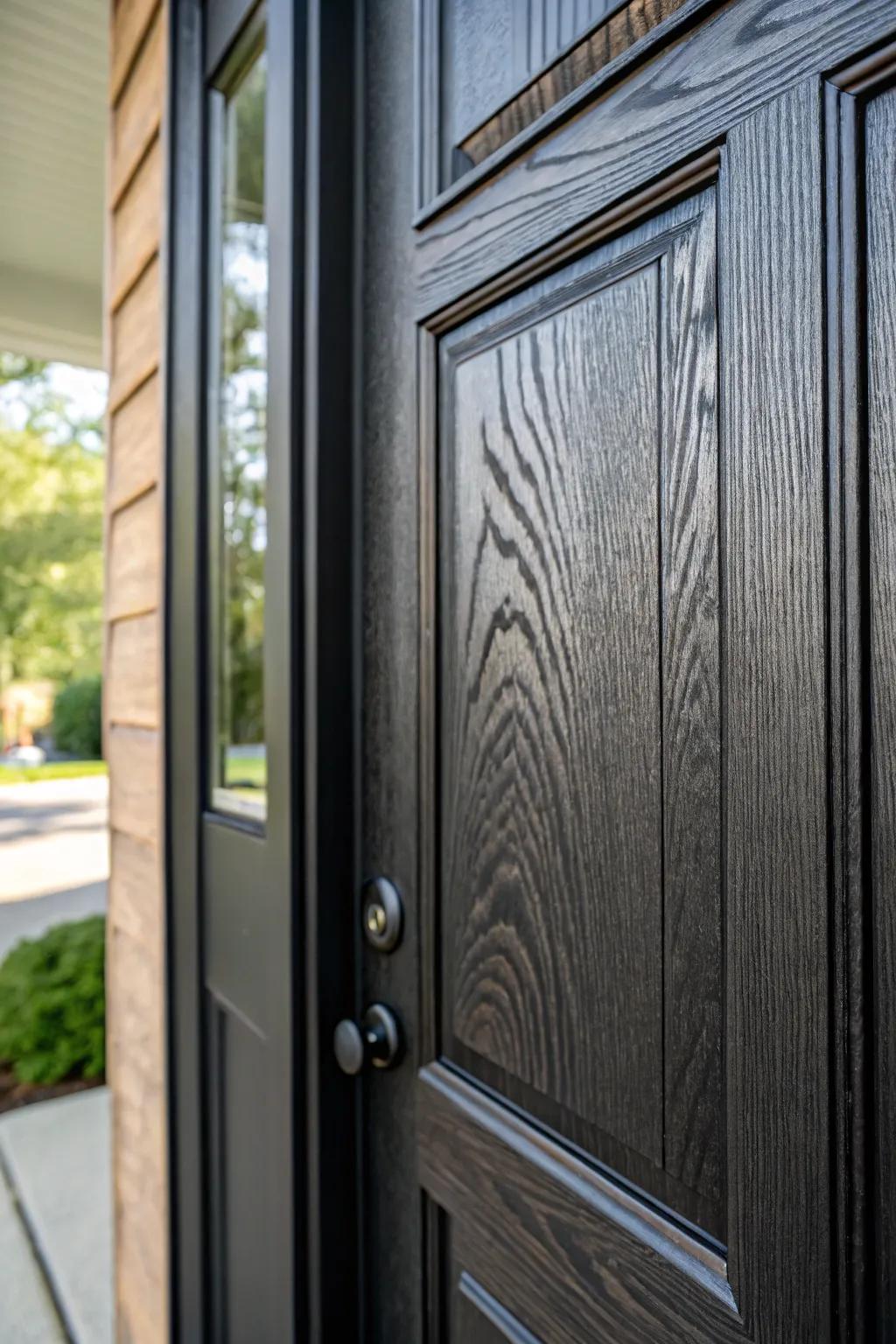 A textured dark-toned wood grain door offering rustic elegance.