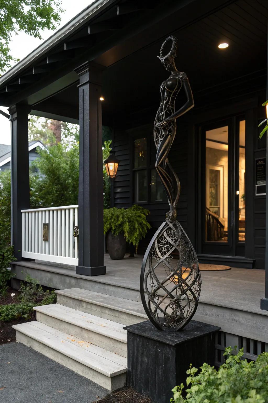 A black porch featuring a unique metal sculpture as an art piece.