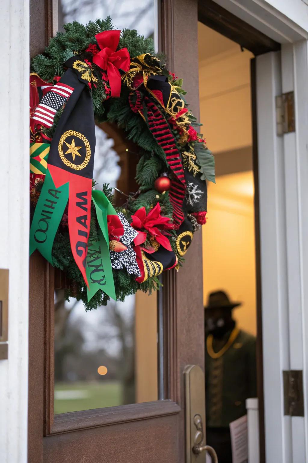 A wreath honoring Black heritage offers a warm welcome.