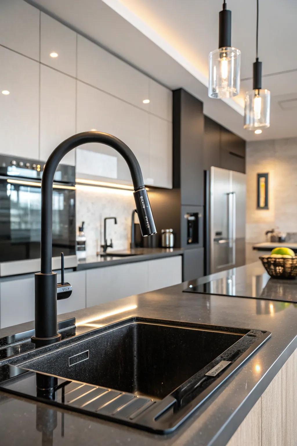 Subdued dark sophistication enhances the clean lines of this modern kitchen.
