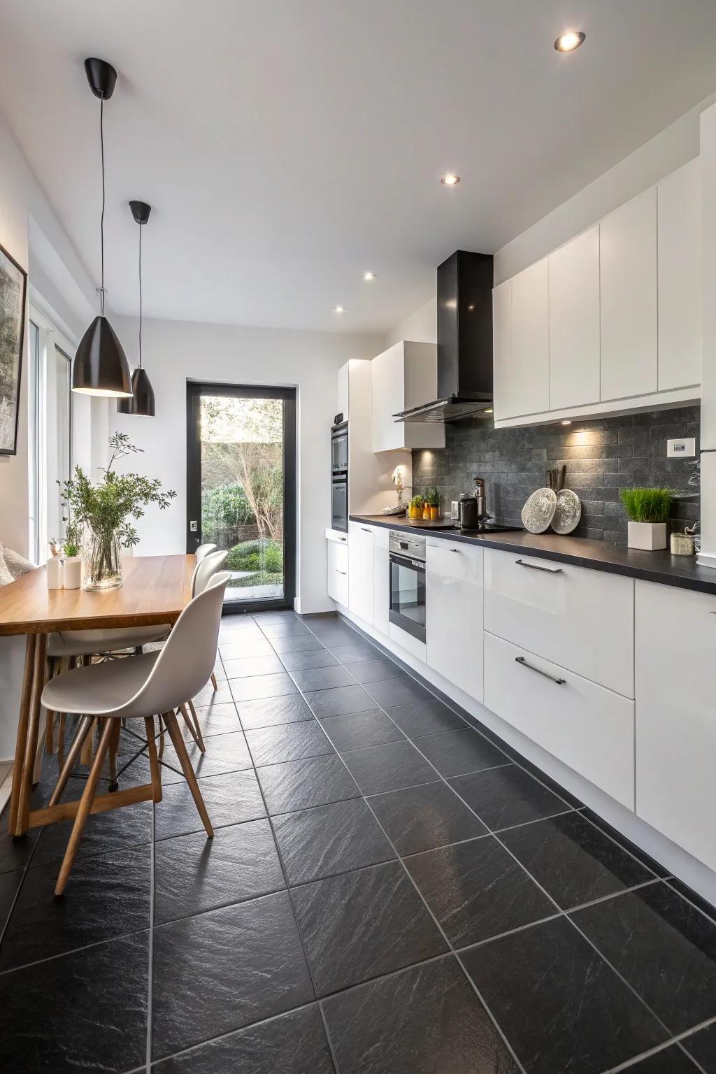 A kitchen where ink floors are illuminated by crisp alabaster elements.