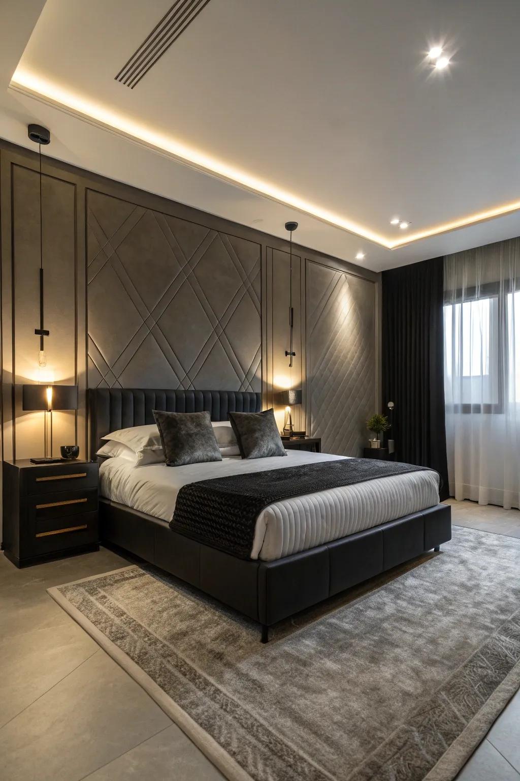 A black bed frame stabilizes the overall design of the room.