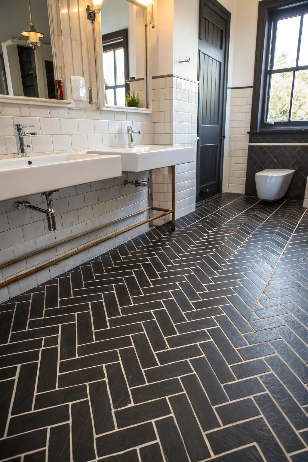 Herringbone patterned tiles add movement to the bathroom's design.