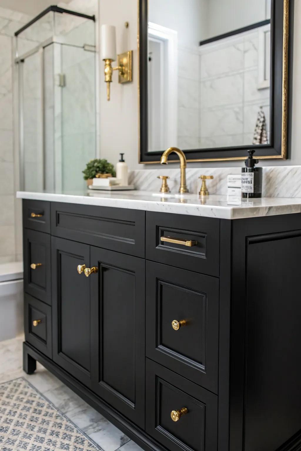 Gold details elevate a dark sink cabinet with a touch of timeless elegance.