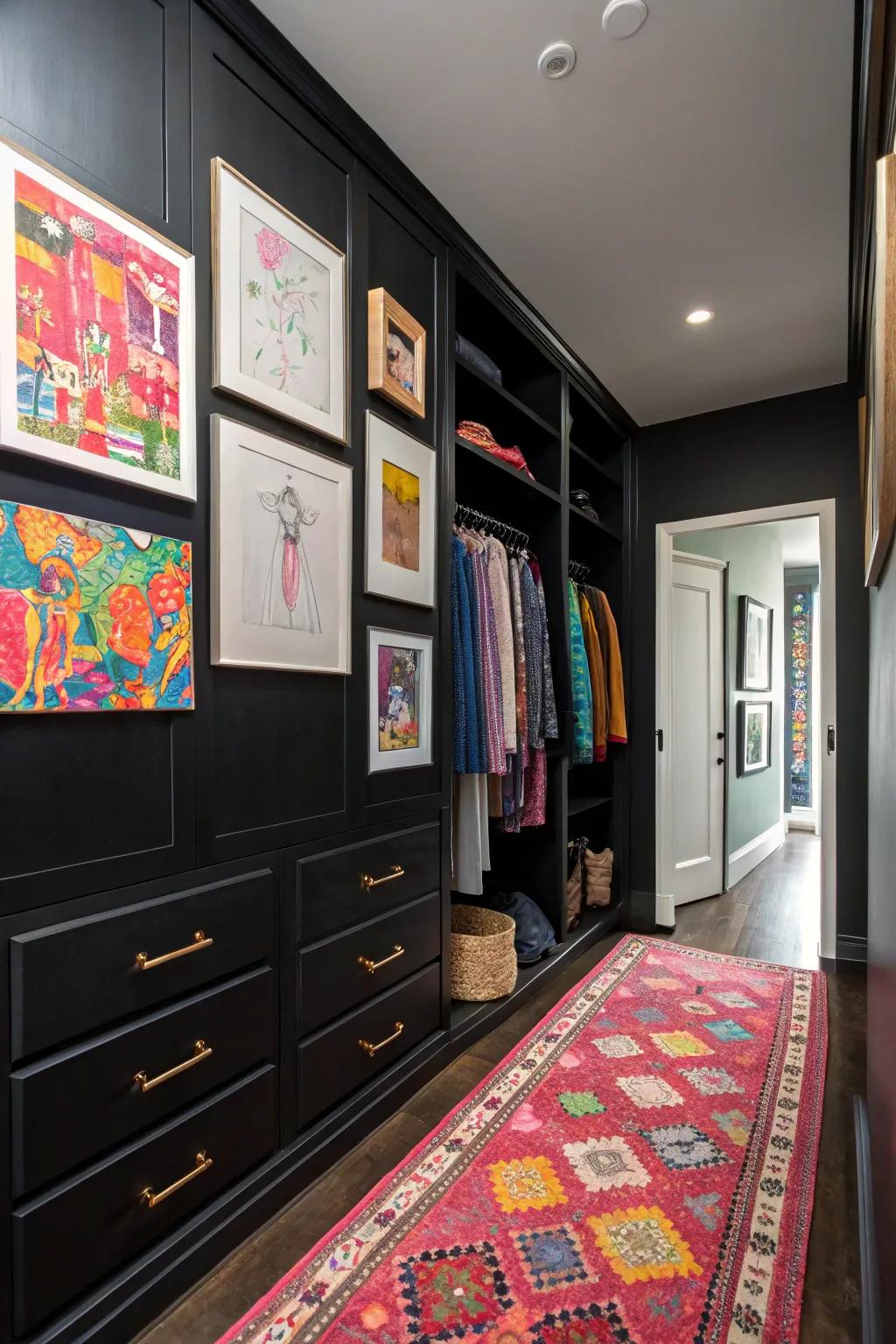 Splashes of color bring energy and vibrancy to the sophisticated ebony closet.