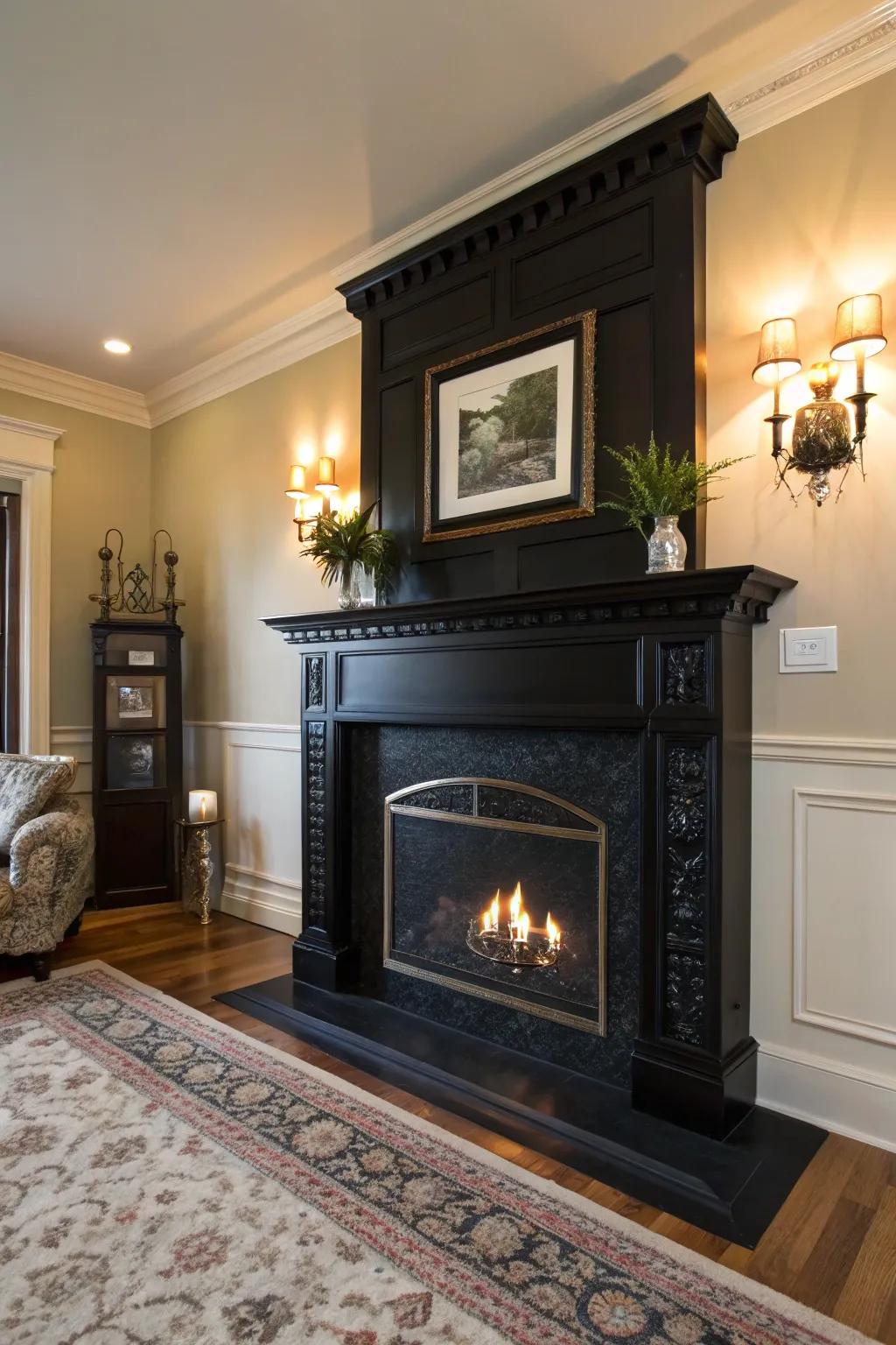 A shadowy-coated hearth as the room's focal point.