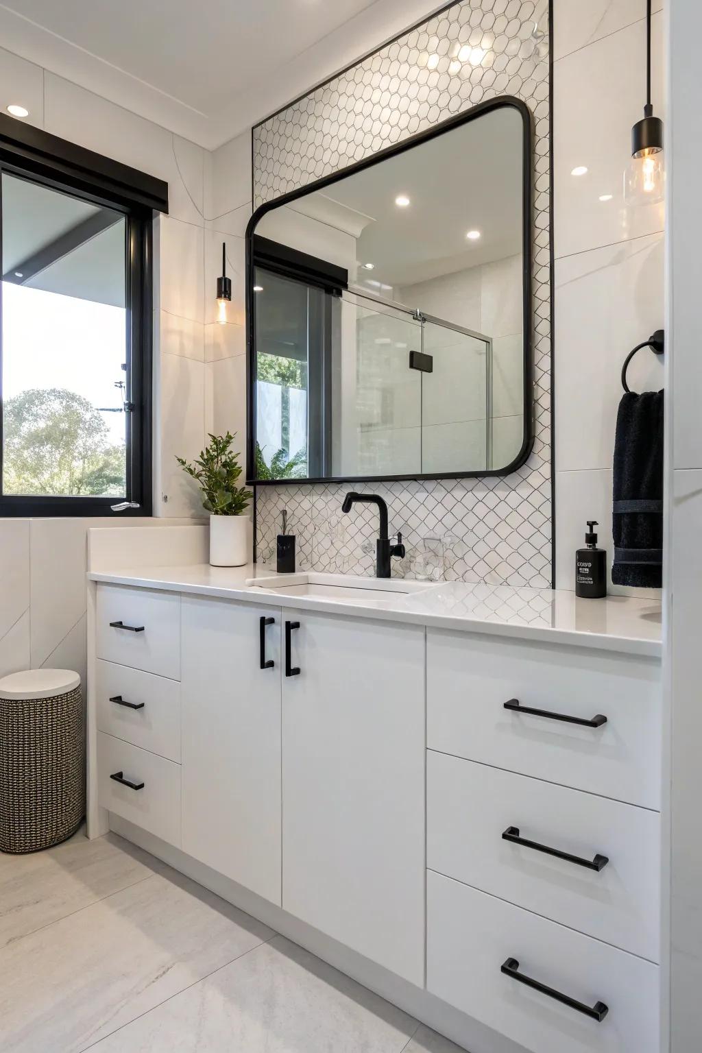 Reflective light cabinetry enhances the brightness and spaciousness of the bathroom.