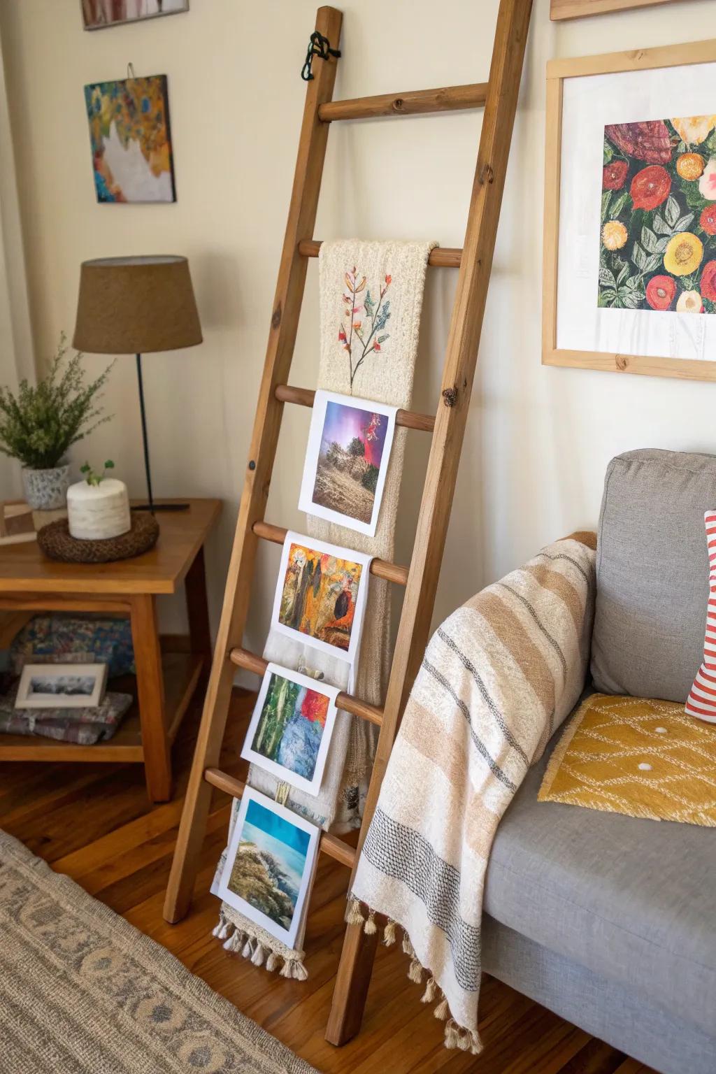 Transform your blanket ladder into a mini art gallery.