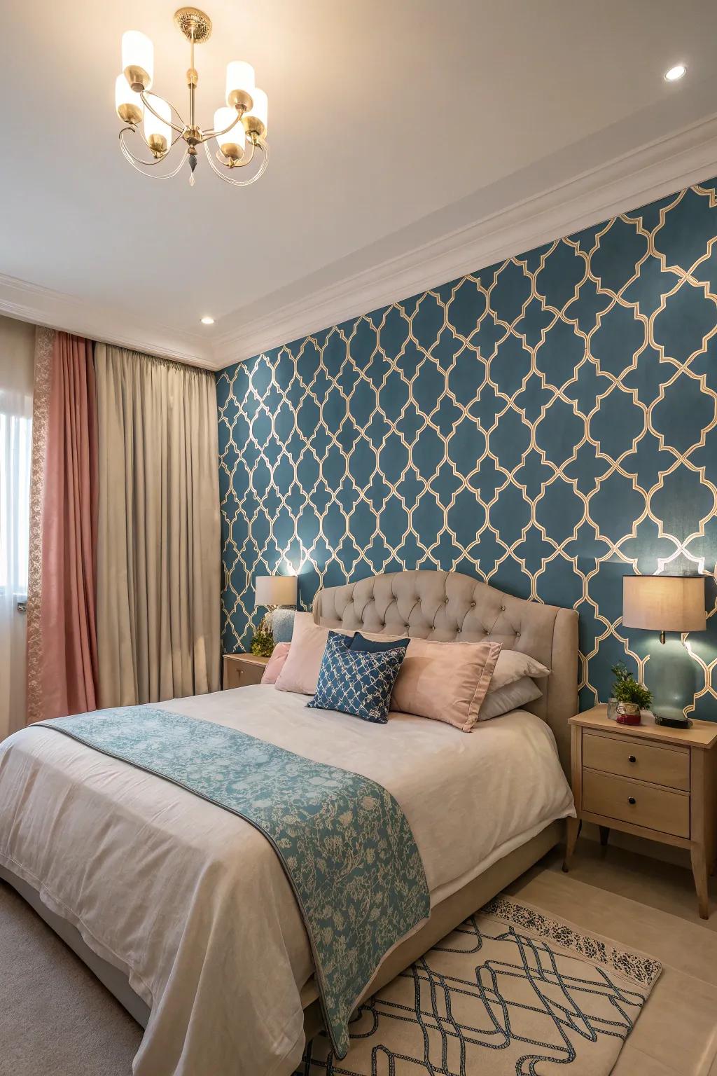 An accent wall with a striking pattern adds an unexpected layer.