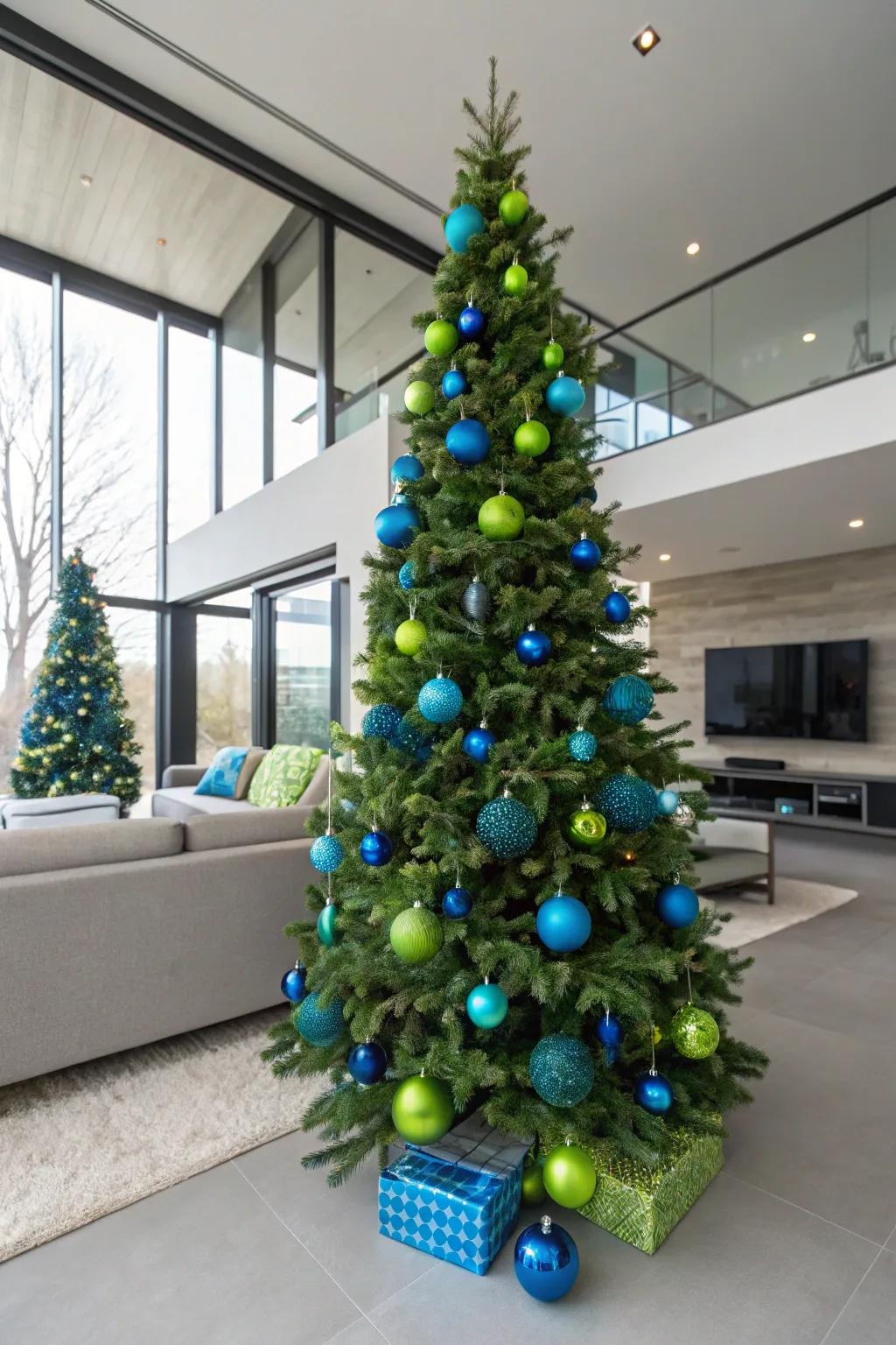An electro blue and fluorescent green tree that's audacious and contemporary.
