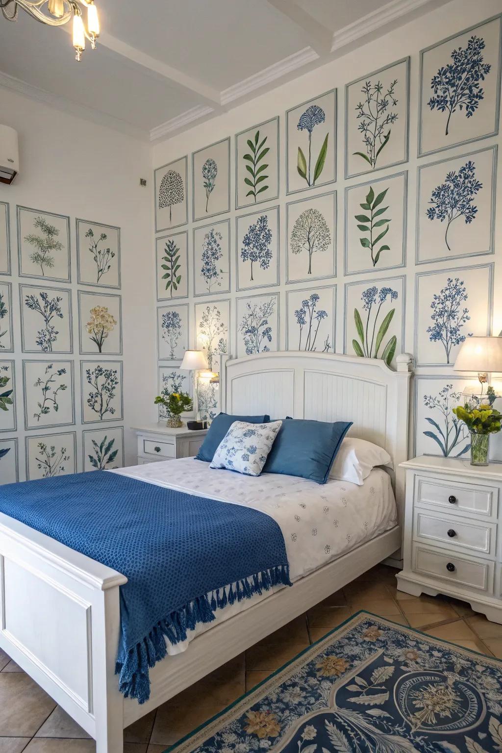 Plant life prints add an organic element to a blue and white bedroom.