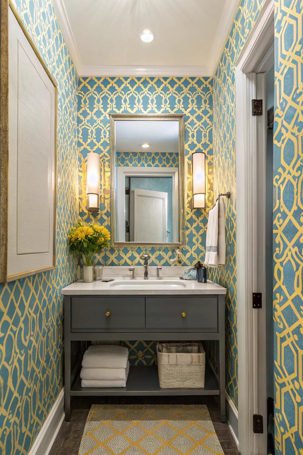 A powder room transformed with bold blue and yellow wallpaper.