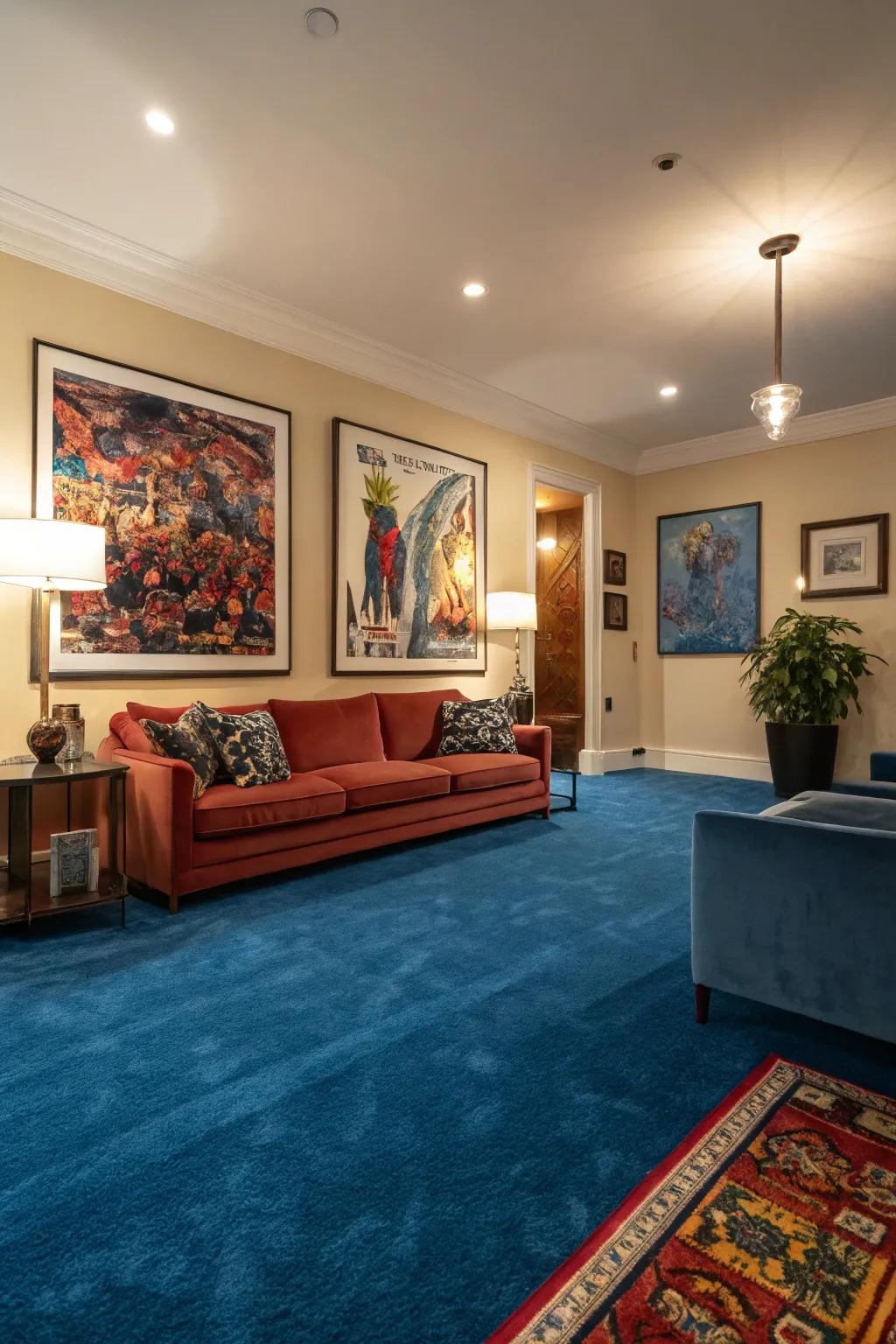 Statement art and cerulean carpet merge for a sophisticated, artistic dwelling space.