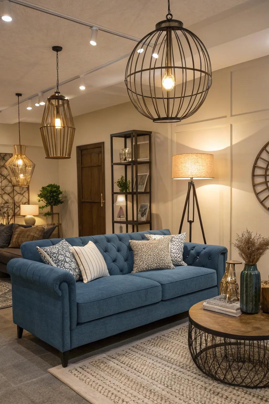 Intentional lighting highlights the shade and texture of a blue sofa.