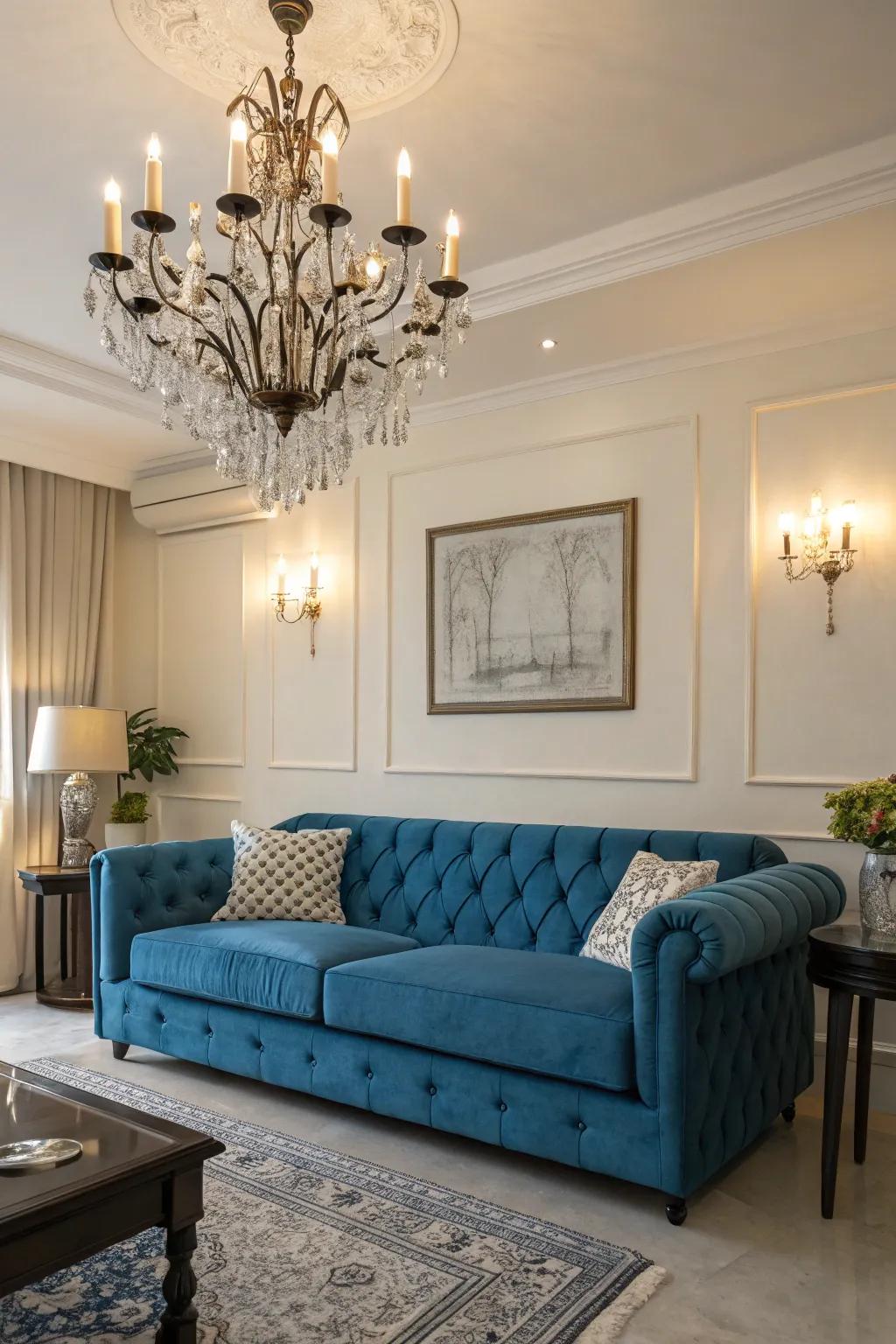 Statement lighting adds drama and elegance to the space.