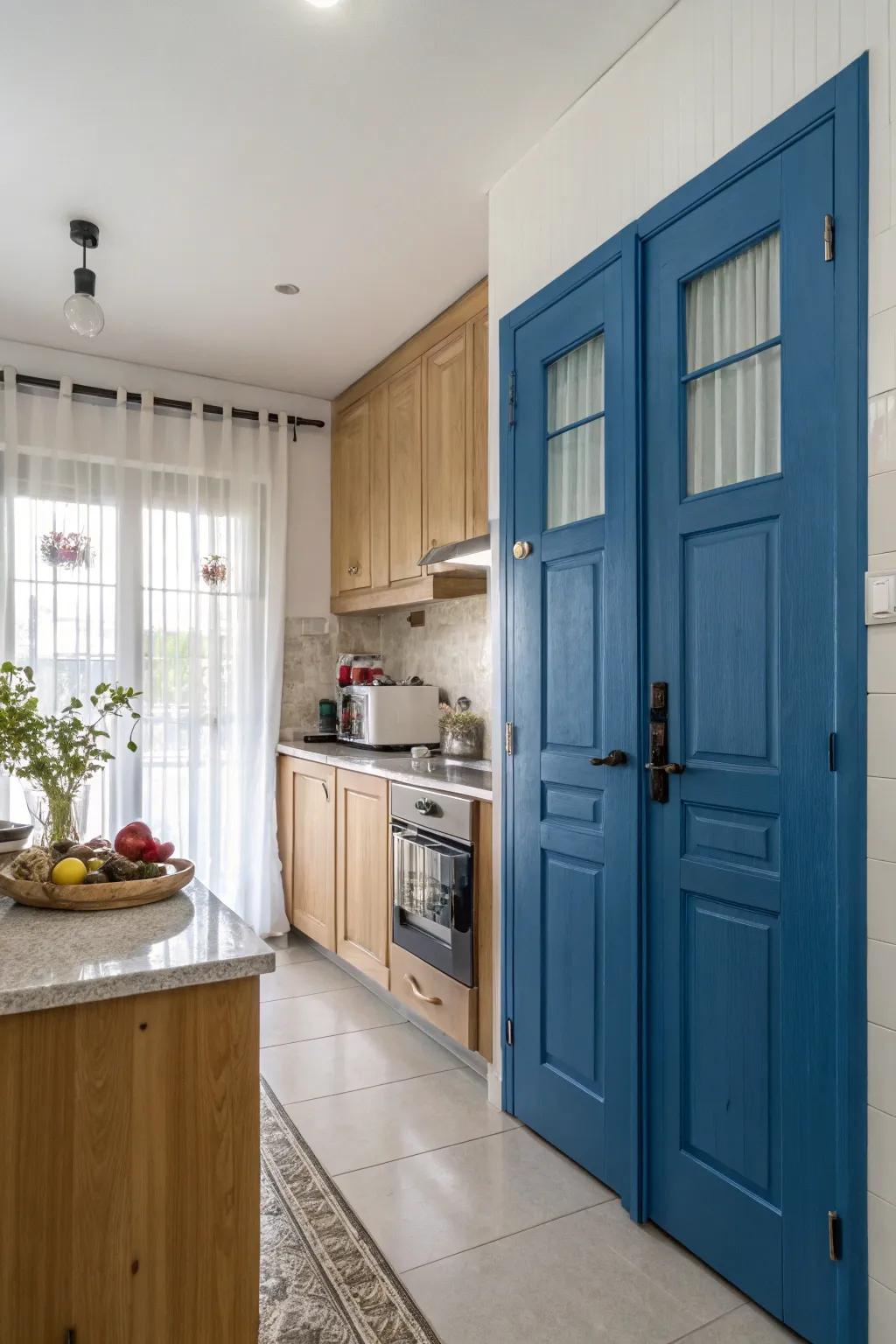 Azure storage doors deliver a burst of color to the kitchen.