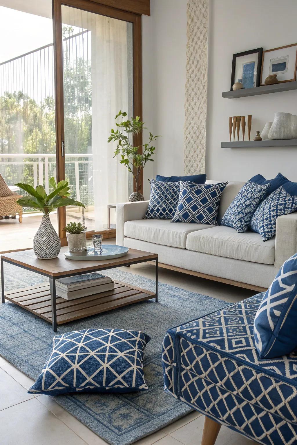 Shaped designs in blue add a modern twist to this stylish living room.