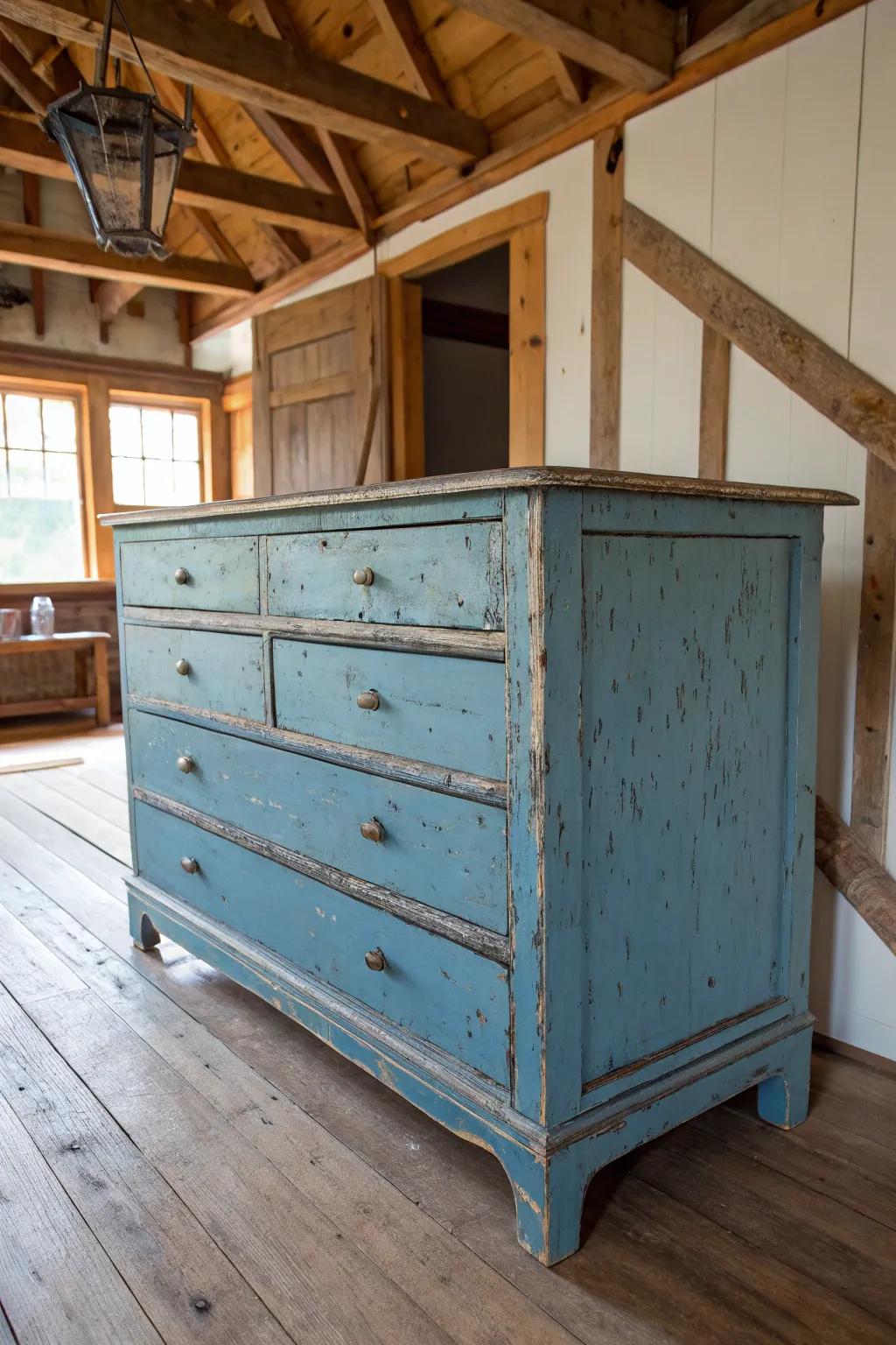 A weathered blue dresser exuding rustic charm in a farmhouse setting.
