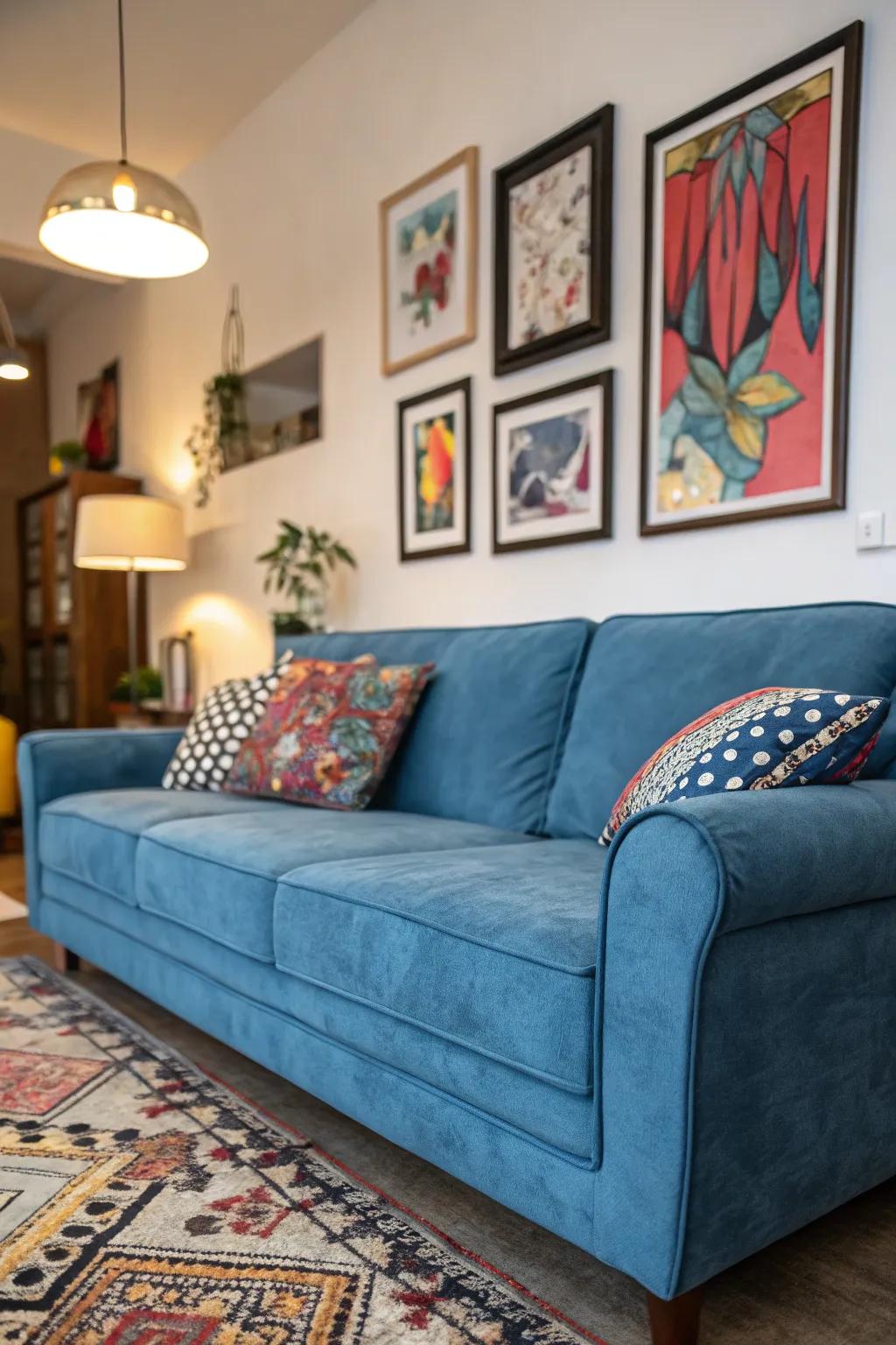 Daring art makes a statement above a cerulean couch.