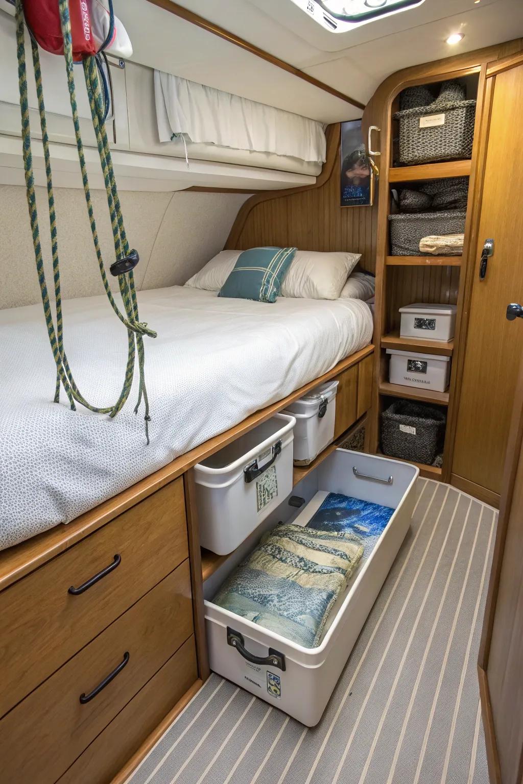 Under-bed storage solutions in a boat bedroom.