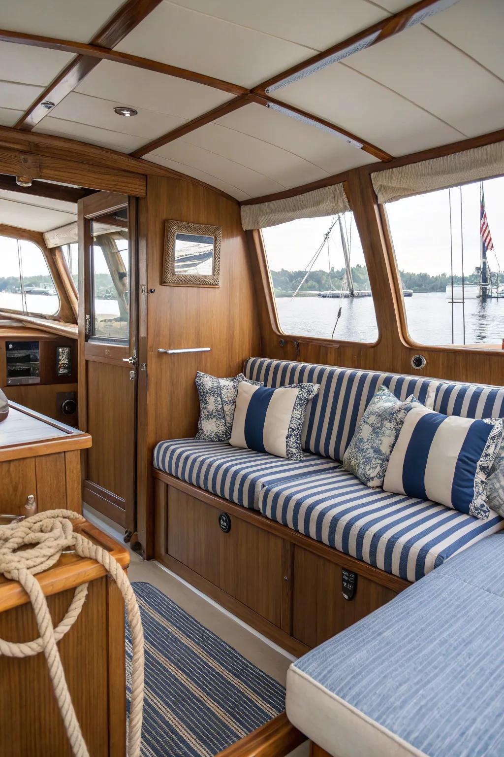 Incorporate nautical themes for a unified and thematic boat interior.
