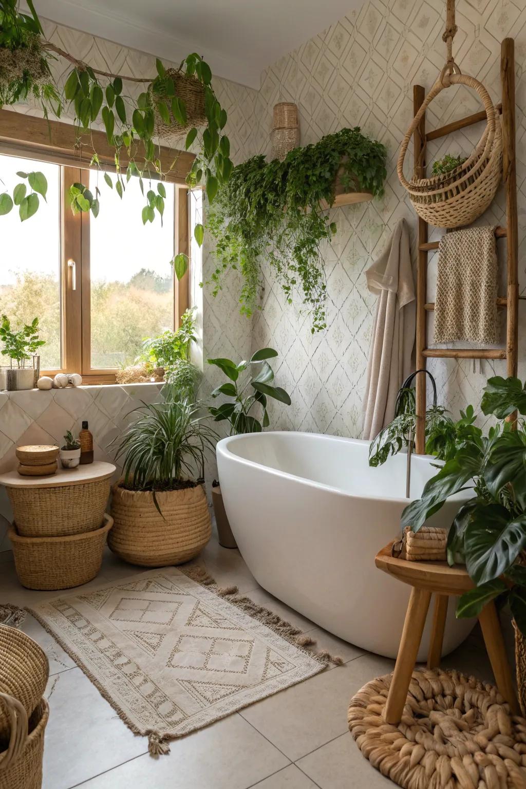 A luxurious boho bathroom featuring a freestanding bathtub.