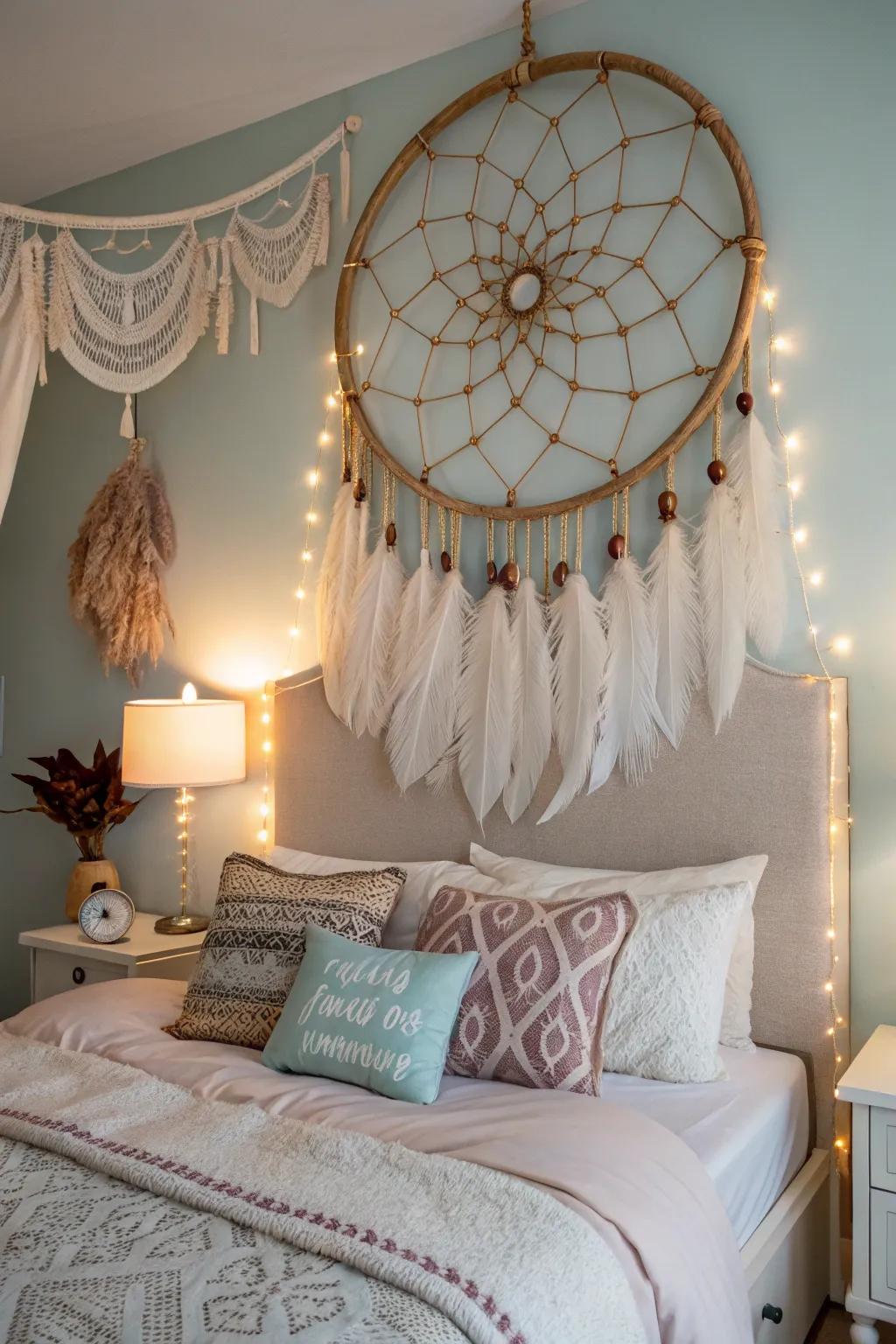 A dreamcatcher adds a playful, bohemian accent above the bed.