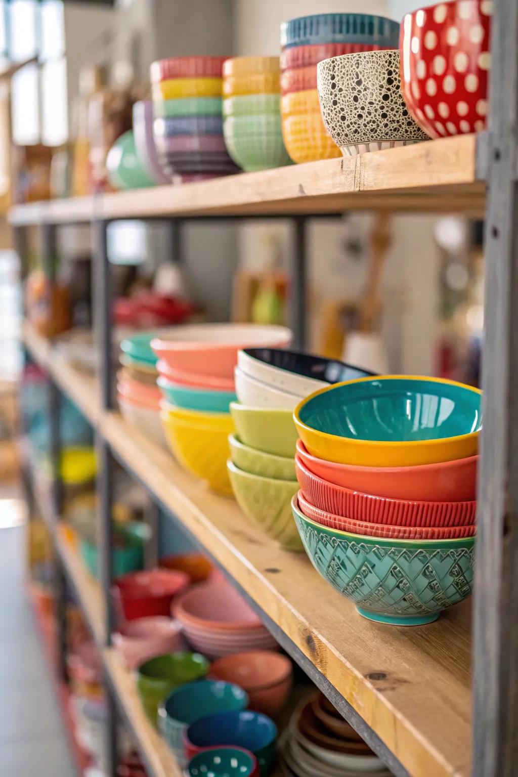 Colorful ceramics add a vibrant touch.