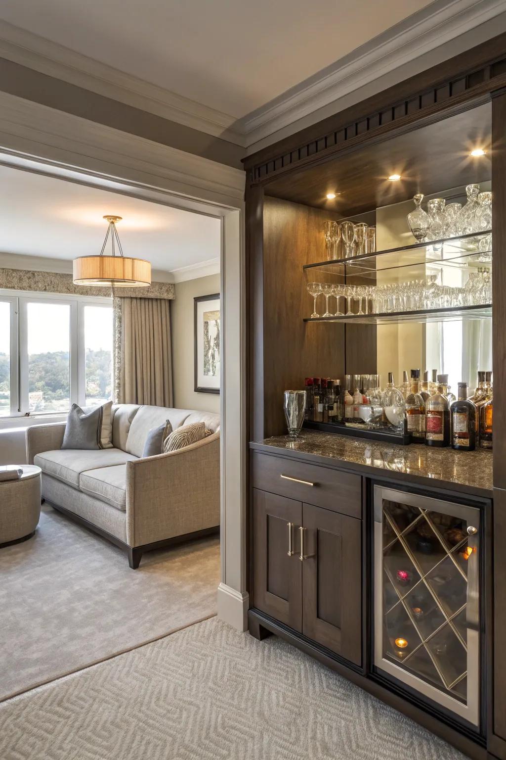 A mini bar enhances luxury and convenience.