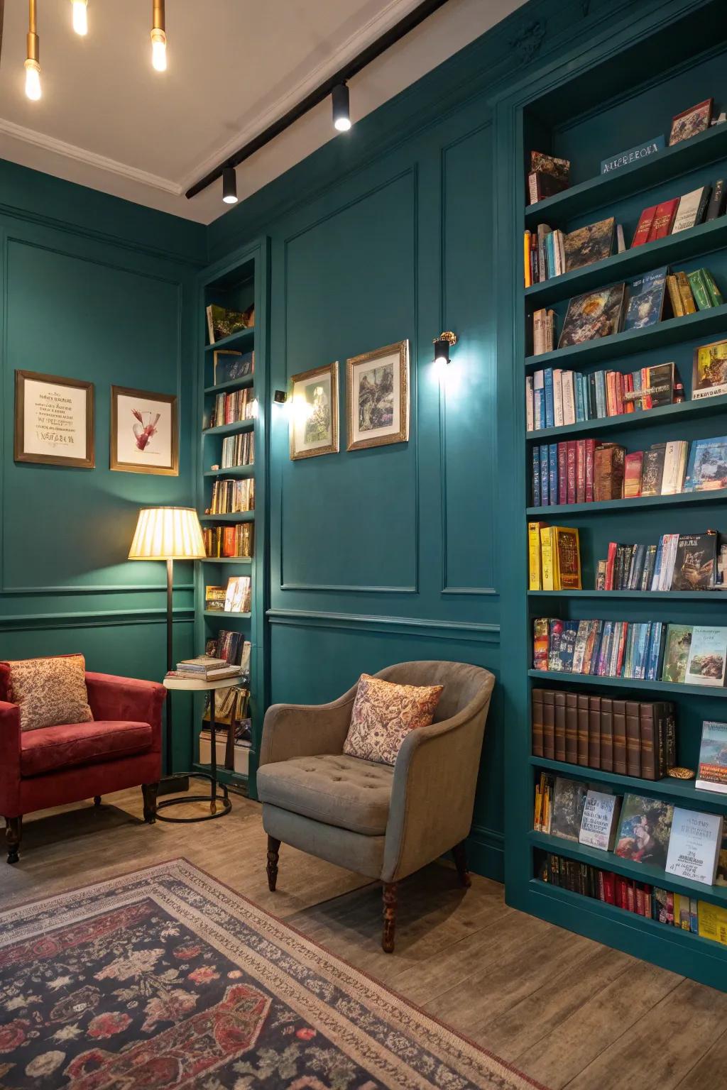 Walls painted in a bold teal that provide a striking backdrop for the books.