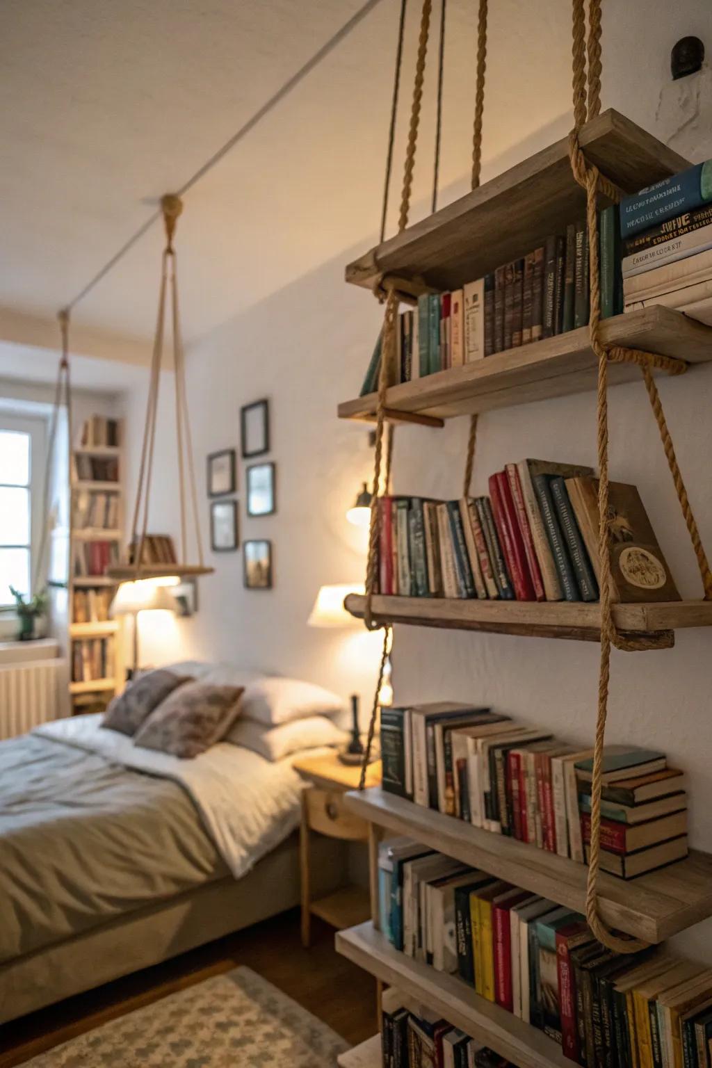 Floating shelves that bring a unique touch to the bedroom.