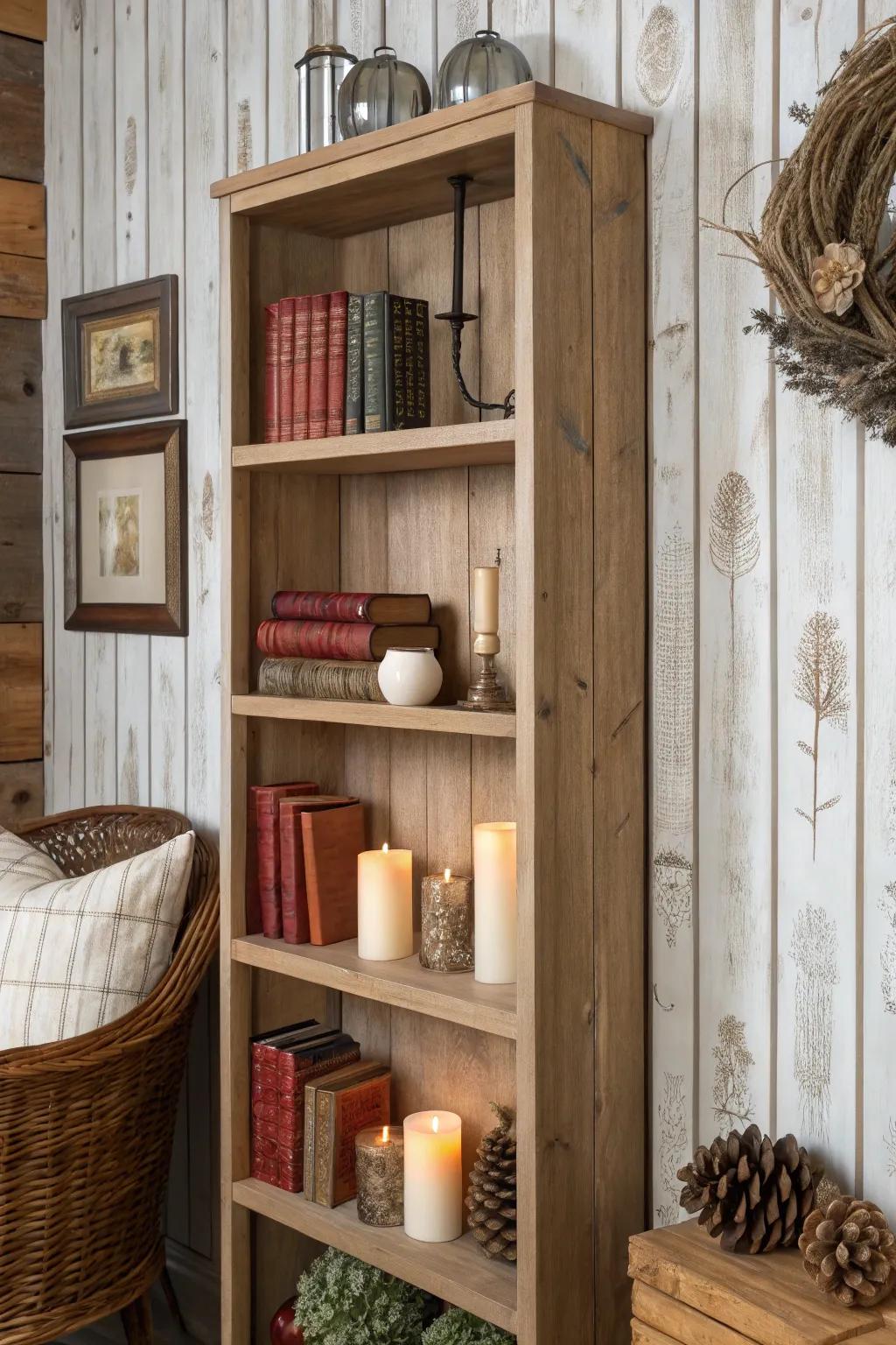 Bookshelf with wood-look wallpaper for a rustic, charming feel.