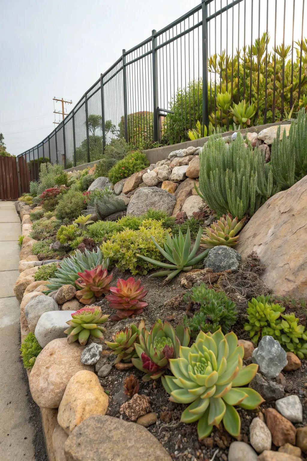 A rock garden adds texture and charm.
