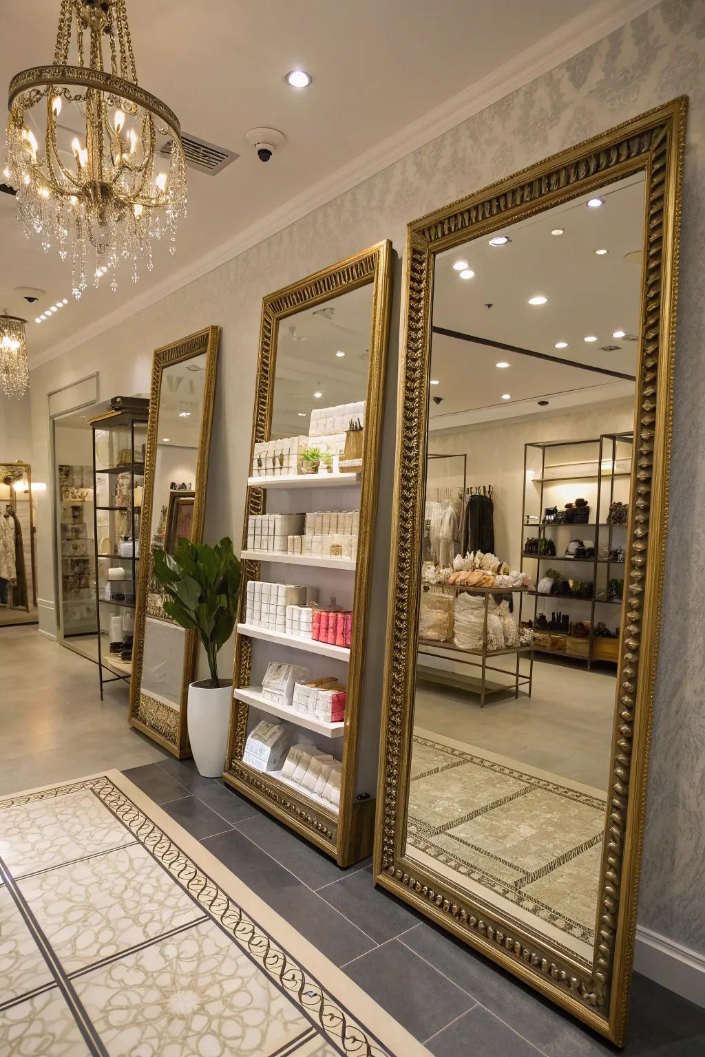 A boutique interior with strategically placed mirrors that reflect light and create the illusion of more space.