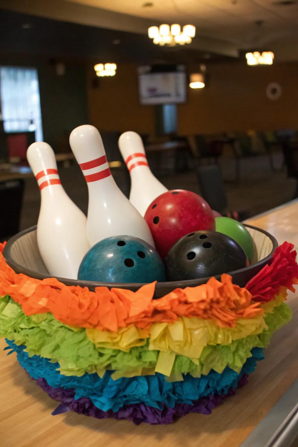Dynamic tissue sheeting imparts a burst of hue to your bowling centerpiece.