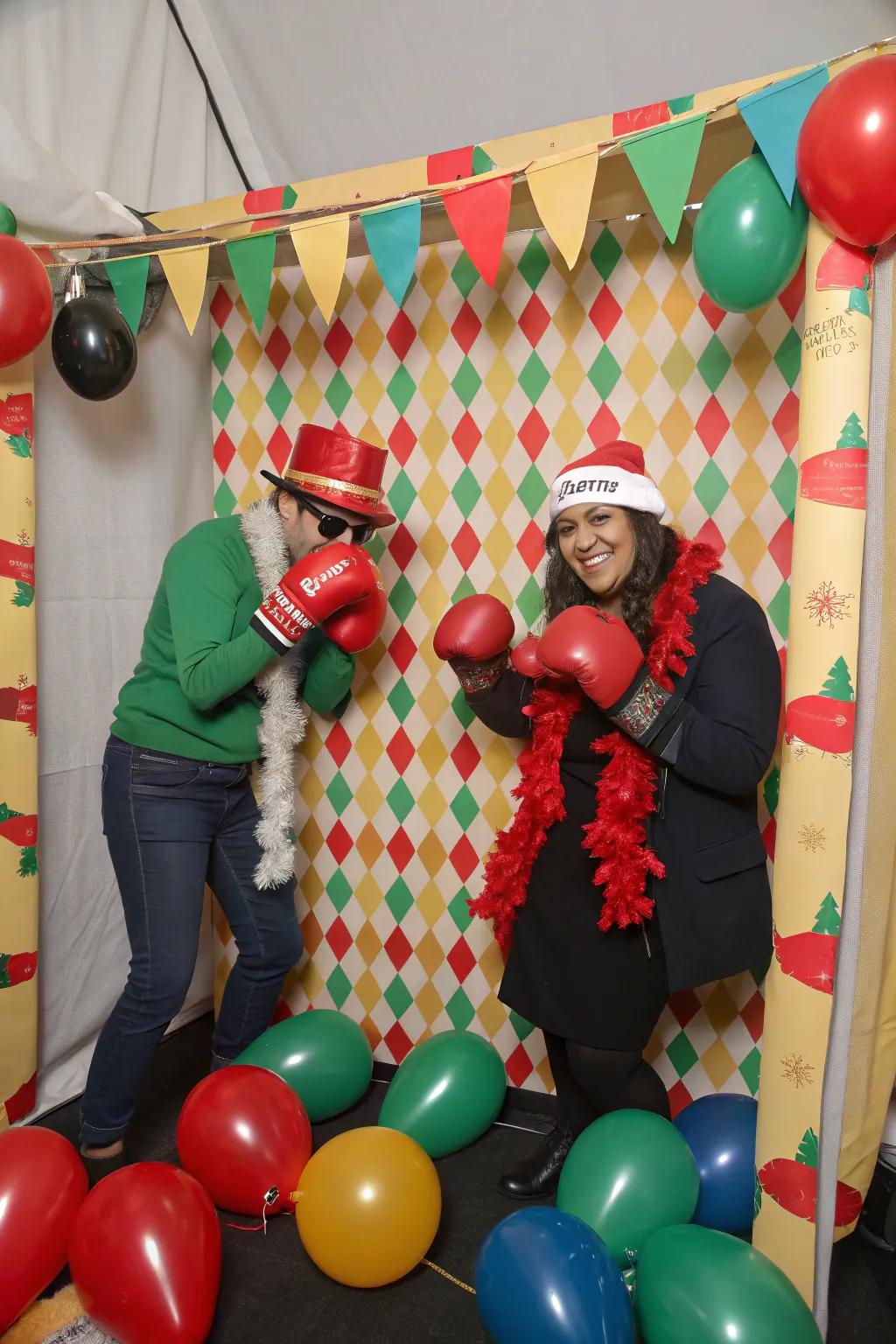 A festive photo booth featuring themed props and backdrop.
