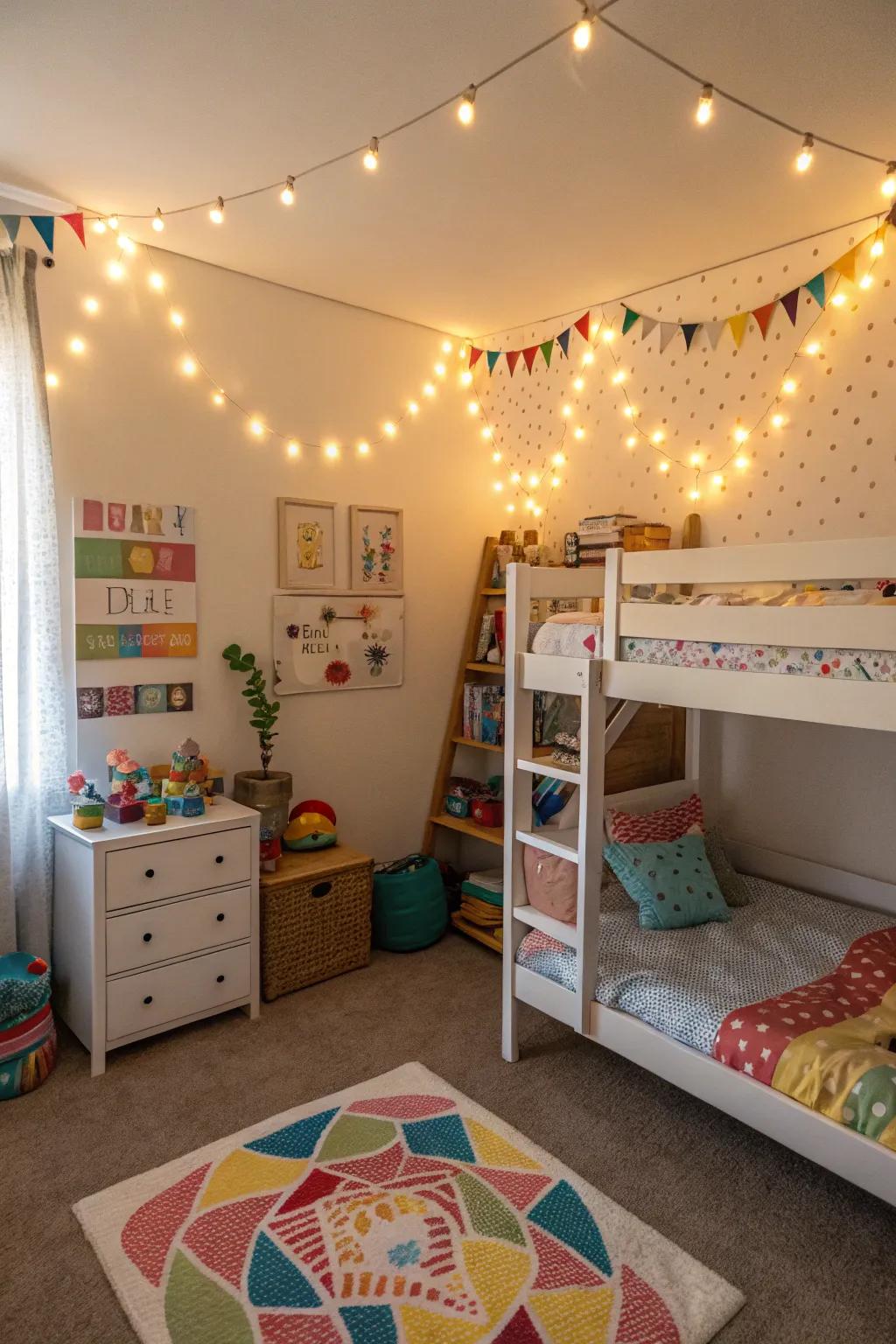 String lights bring a whimsical ambiance to the shared room.