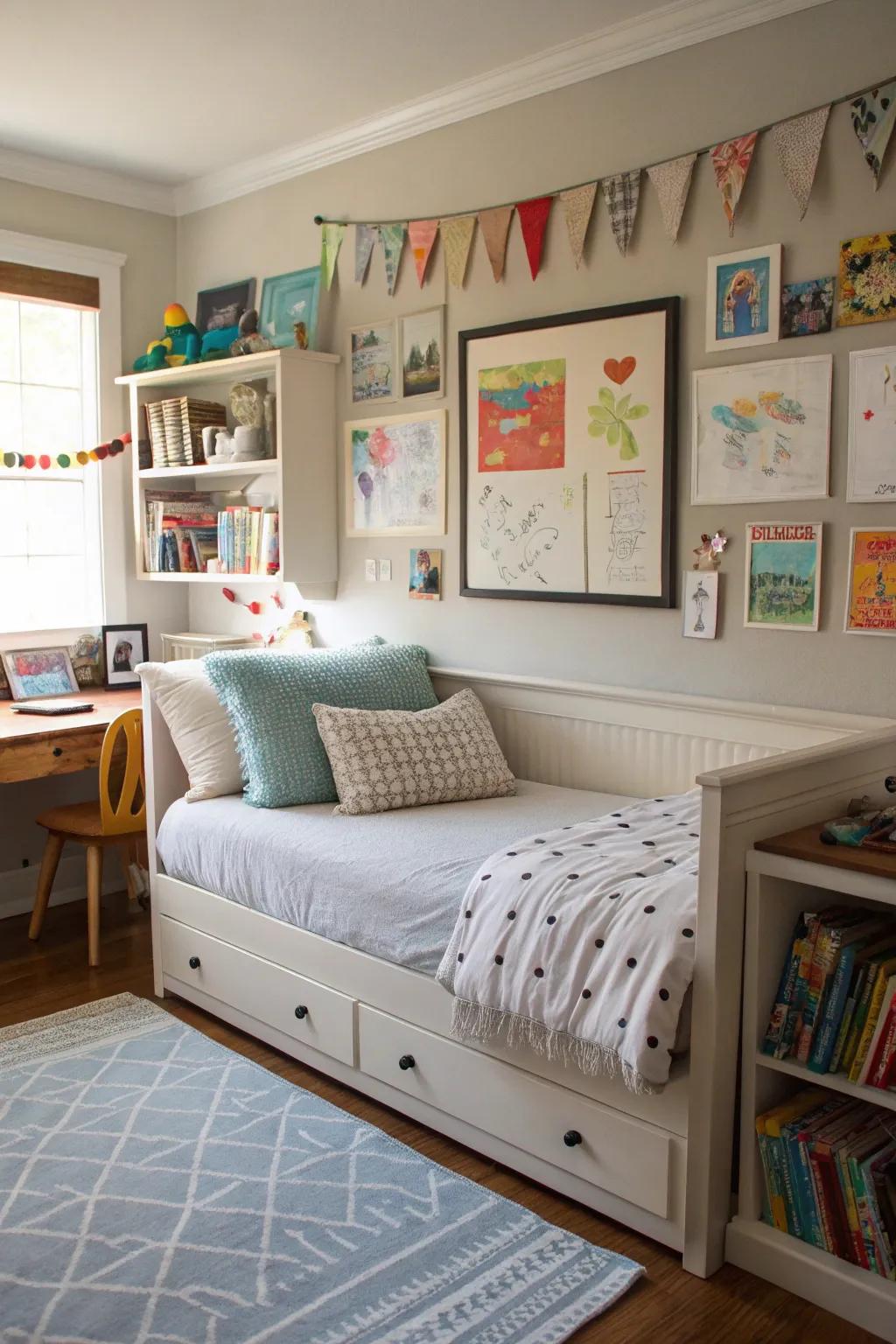 Celebrate individuality with a personalized art wall above the daybed.